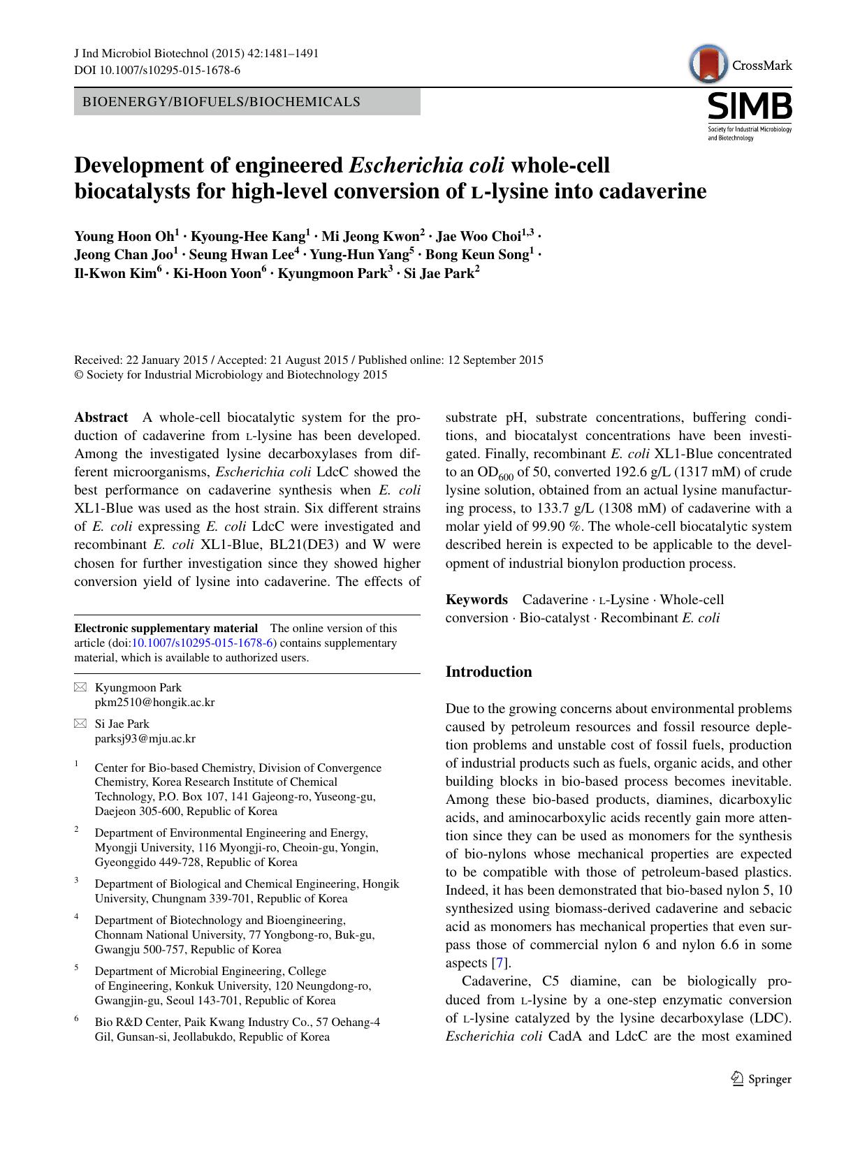 Development of engineered Escherichia coli whole-cell biocatalysts for high-level conversion of l-lysine into cadaverine by unknow