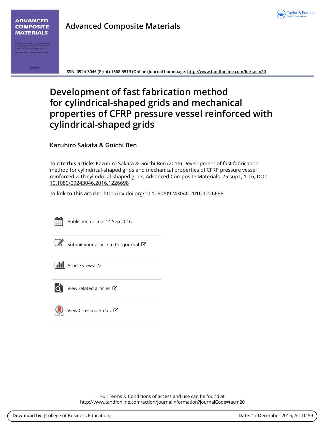 Development of fast fabrication method for cylindrical-shaped grids and mechanical properties of CFRP pressure vessel reinforced with cylindrical-shaped grids by Kazuhiro Sakata & Goichi Ben