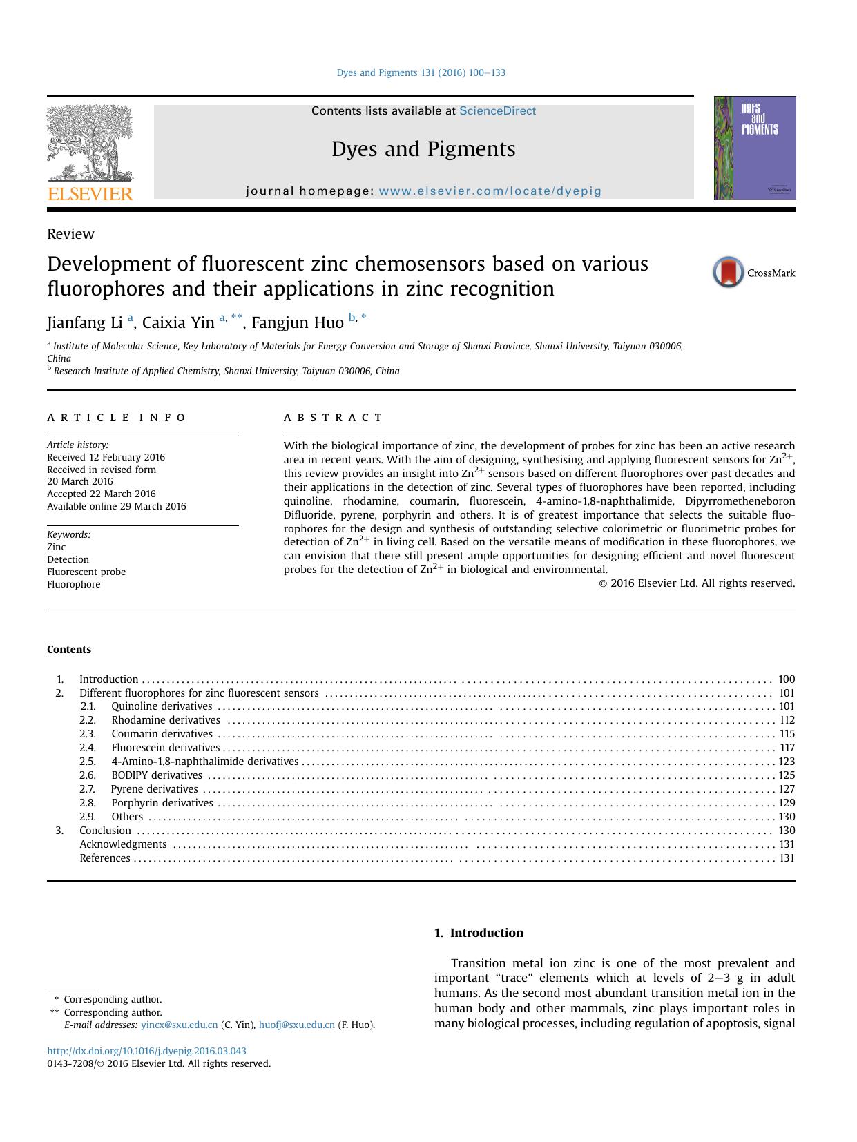 Development of fluorescent zinc chemosensors based on various fluorophores and their applications in zinc recognition by Jianfang Li & Caixia Yin & Fangjun Huo