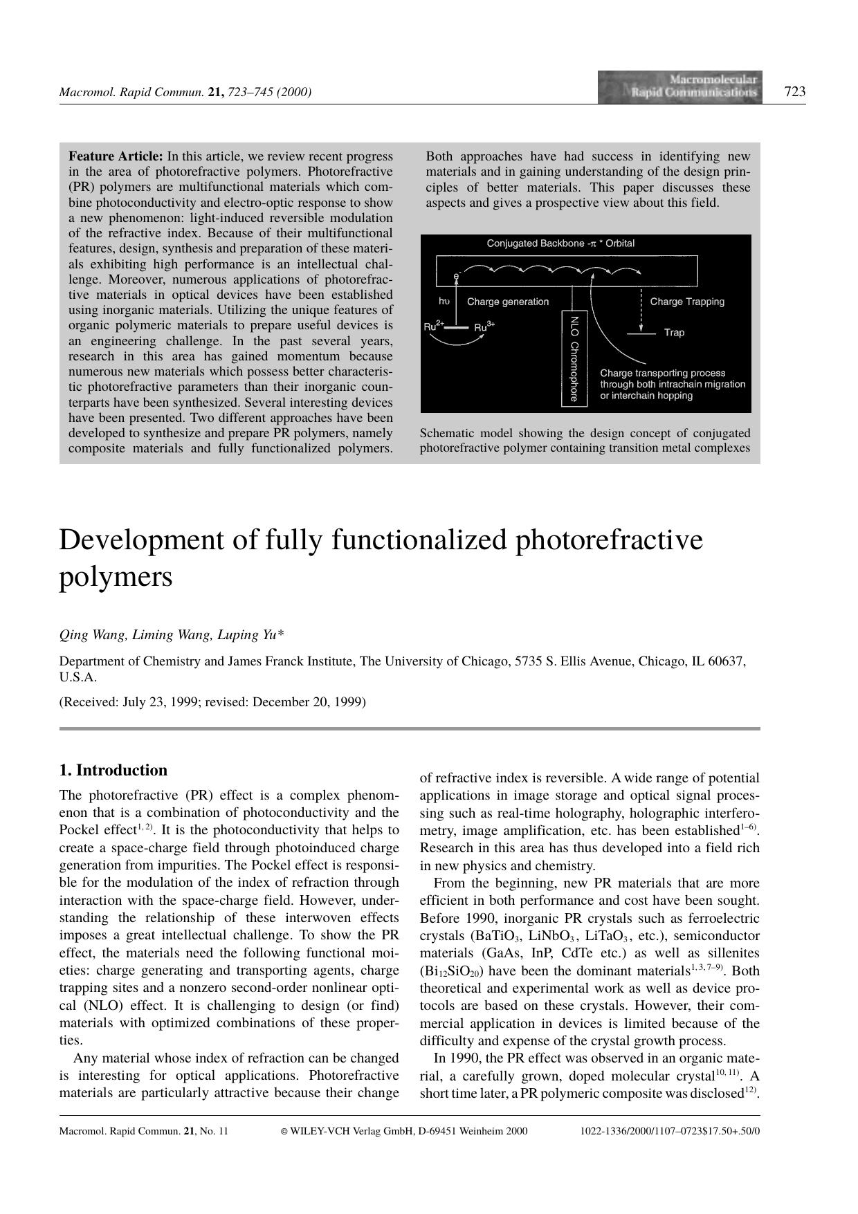 Development of fully functionalized photorefractive polymers by Unknown