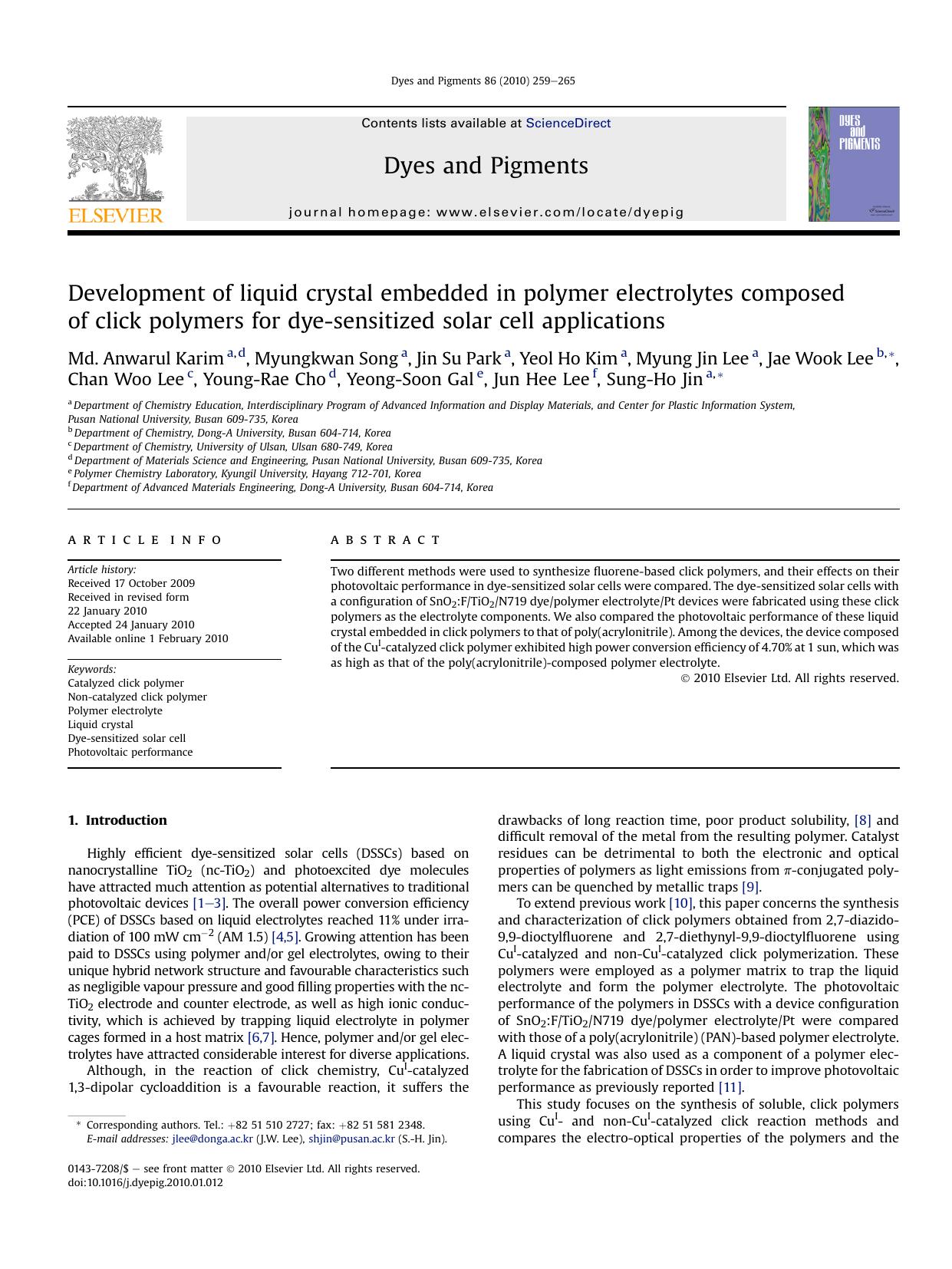 Development of liquid crystal embedded in polymer electrolytes composed of click polymers for dye-sensitized solar cell applications by unknow