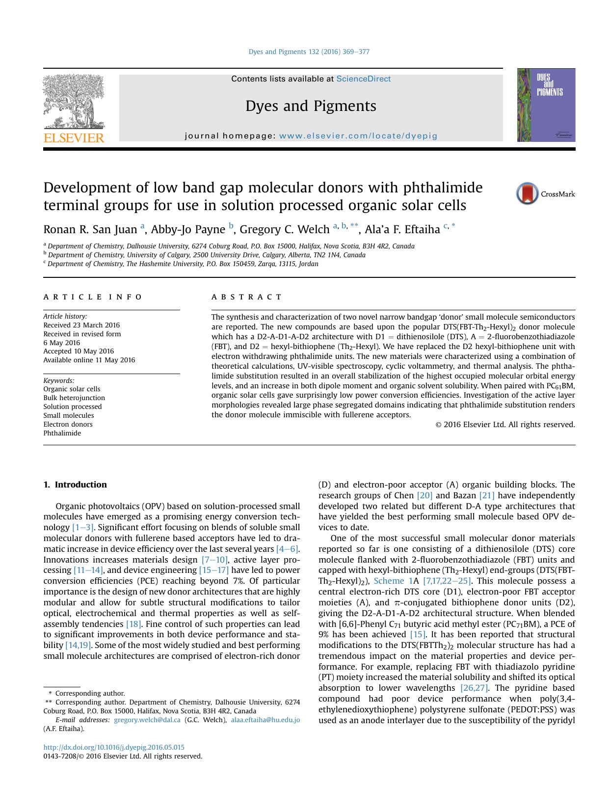 Development of low band gap molecular donors with phthalimide terminal groups for use in solution processed organic solar cells by Ronan R. San Juan & Abby-Jo Payne & Gregory C. Welch & Ala’a F. Eftaiha