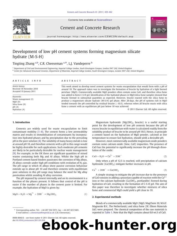 Development of low pH cement systems forming magnesium silicate hydrate (M-S-H) by Tingting Zhang & C.R. Cheeseman & L.J. Vandeperre