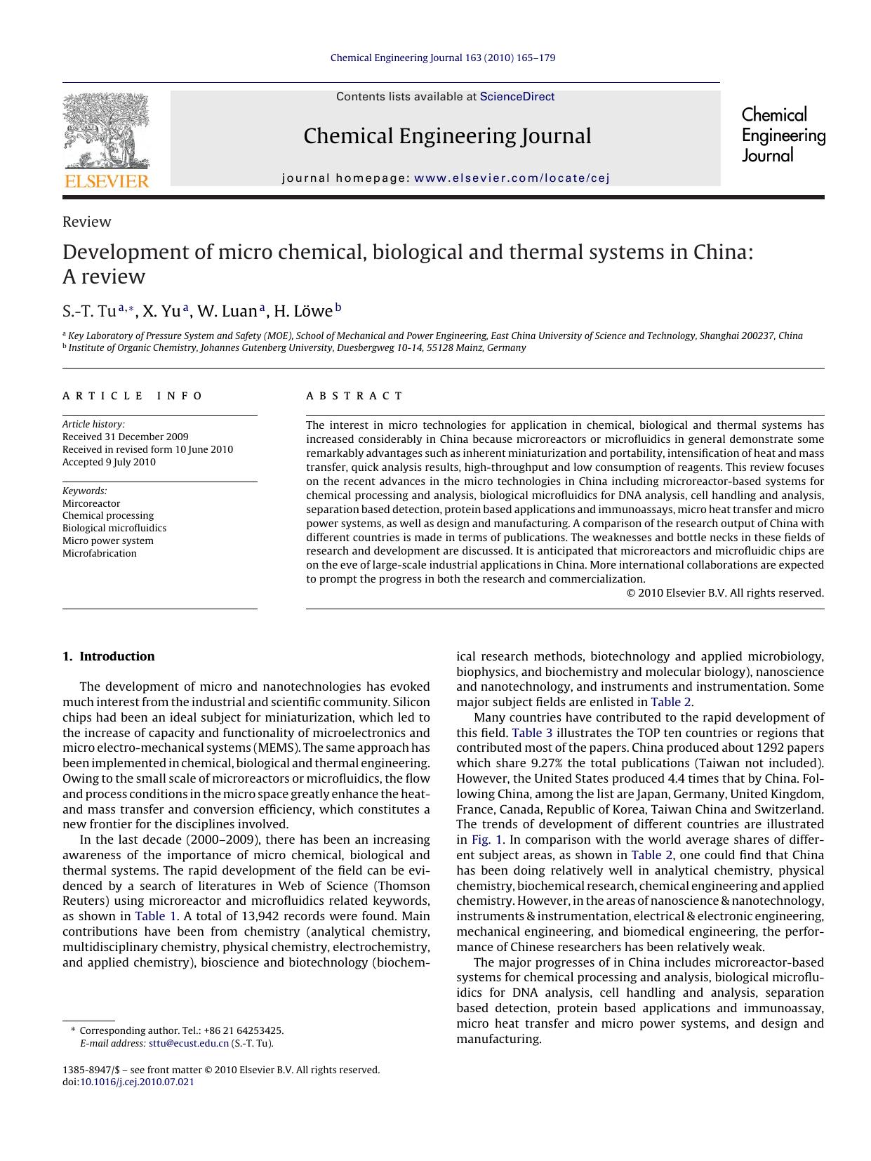 Development of micro chemical, biological and thermal systems in China: A review by S.-T. Tu