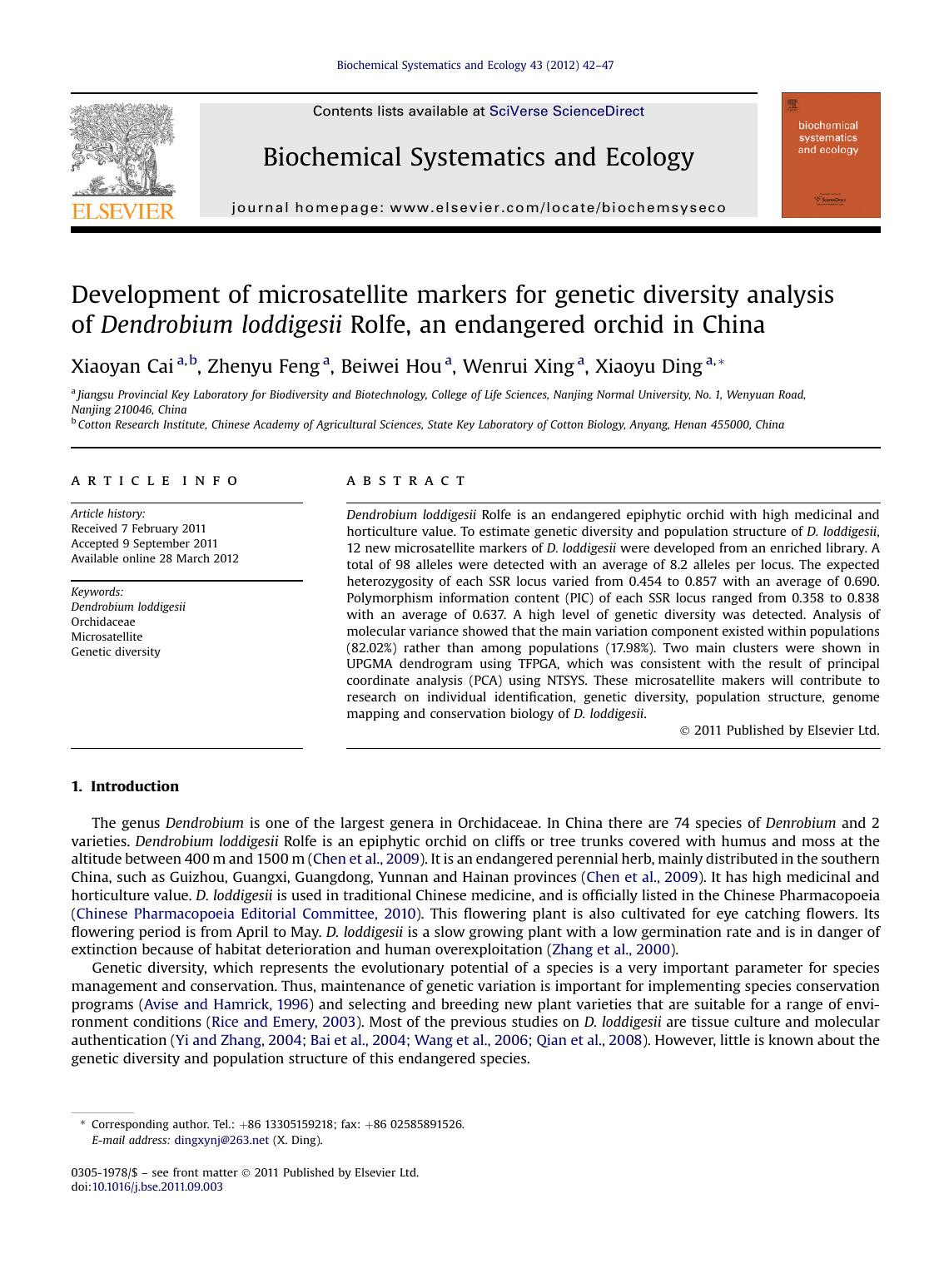 Development of microsatellite markers for genetic diversity analysis of Dendrobium loddigesii Rolfe, an endangered orchid in China by Xiaoyan Cai & Zhenyu Feng & Beiwei Hou & Wenrui Xing & Xiaoyu Ding
