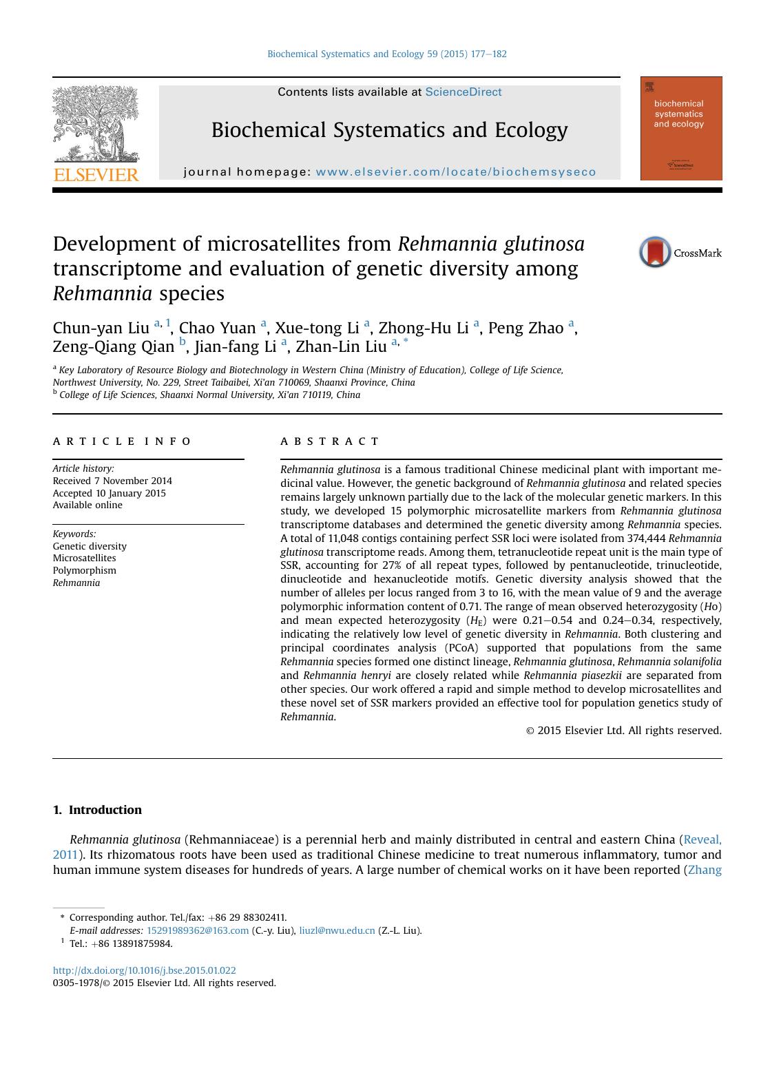 Development of microsatellites from Rehmannia glutinosa transcriptome and evaluation of genetic diversity among Rehmannia species by unknow