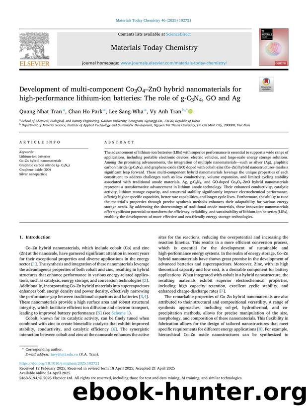 Development of multi-component Co3O4âZnO hybrid nanomaterials for high-performance lithium-ion batteries: The role of g-C3N4, GO and Ag by Quang Nhat Tran & Chan Ho Park & Lee Sang-Wha & Vy Anh Tran