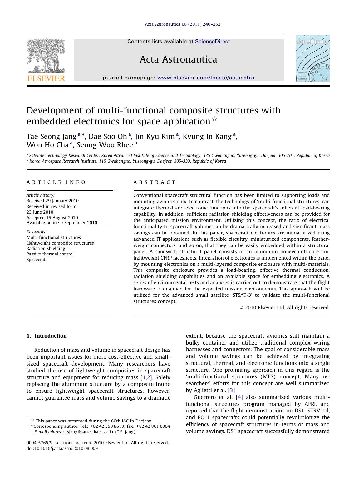 Development of multi-functional composite structures with embedded electronics for space application by Tae Seong Jang & Dae Soo Oh & Jin Kyu Kim & Kyung In Kang & Won Ho Cha & Seung Woo Rhee