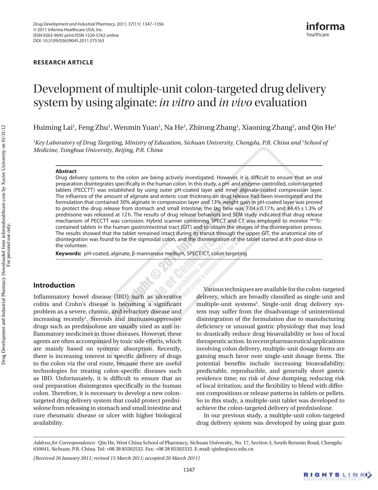 Development of multiple-unit colon-targeted drug delivery system by using alginate: in vitro and in vivo evaluation by unknow