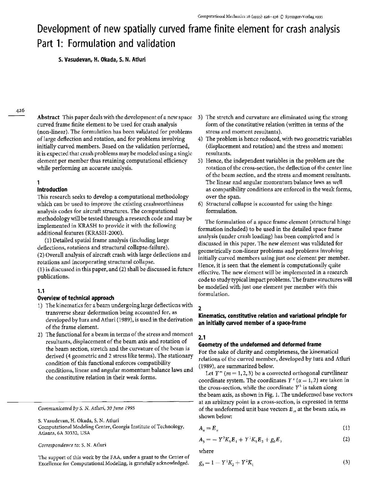 Development of new spatially curved frame finite element for crash analysis part 1: Formulation and validation by Unknown