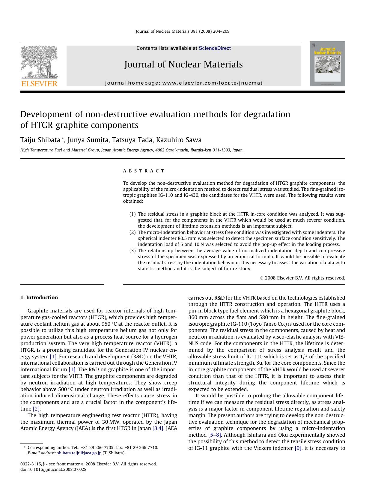 Development of non-destructive evaluation methods for degradation of HTGR graphite components by Taiju Shibata; Junya Sumita; Tatsuya Tada; Kazuhiro Sawa