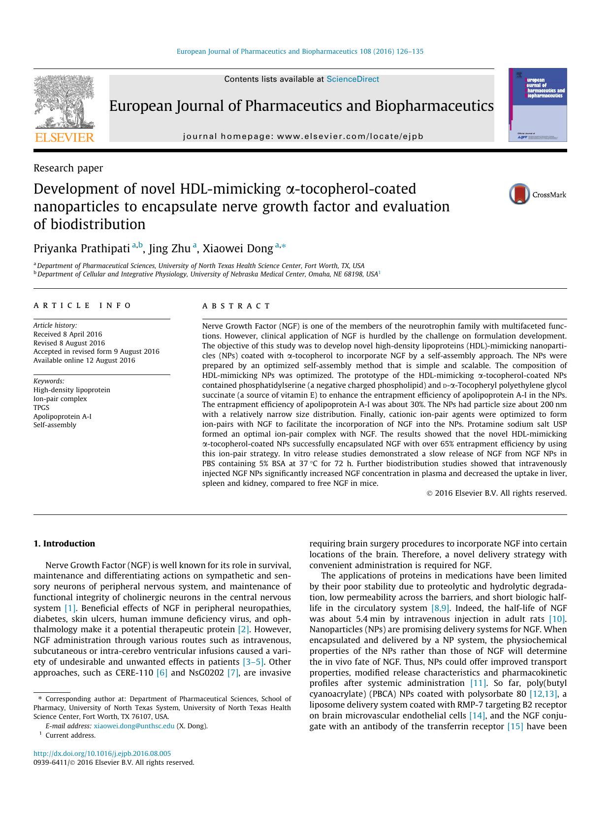 Development of novel HDL-mimicking ÃÂ±-tocopherol-coated nanoparticles to encapsulate nerve growth factor and evaluation of biodistribution by Priyanka Prathipati & Jing Zhu & Xiaowei Dong