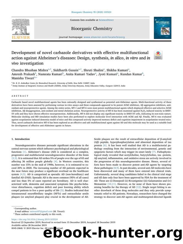 Development of novel carbazole derivatives with effective multifunctional action against Alzheimerâs diseases_ Design, synthesis, in silico, in vitro and in vivo investigation by unknow