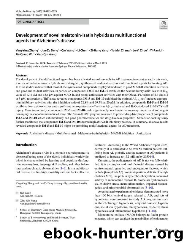 Development of novel melatonin-isatin hybrids as multifunctional agents for Alzheimerâs disease by unknow