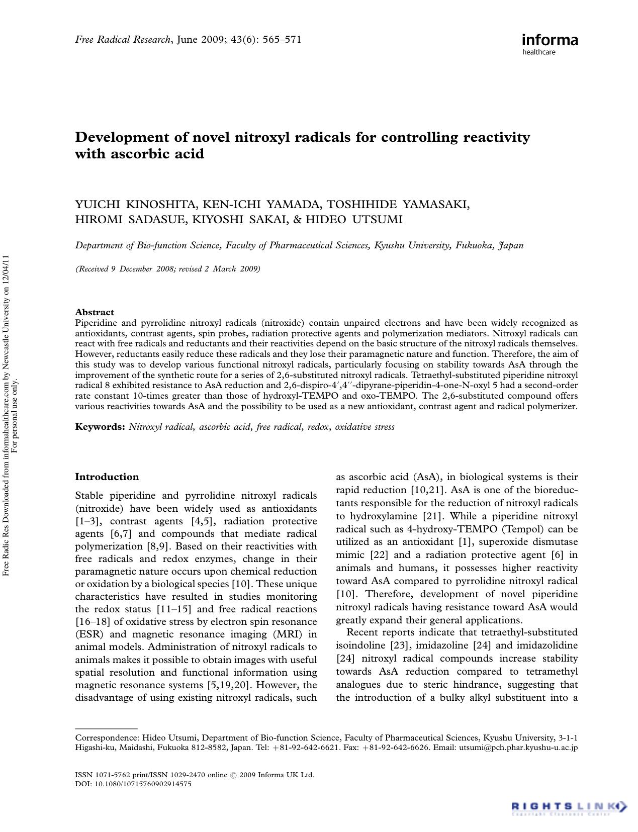 Development of novel nitroxyl radicals for controlling reactivity with ascorbic acid by unknow