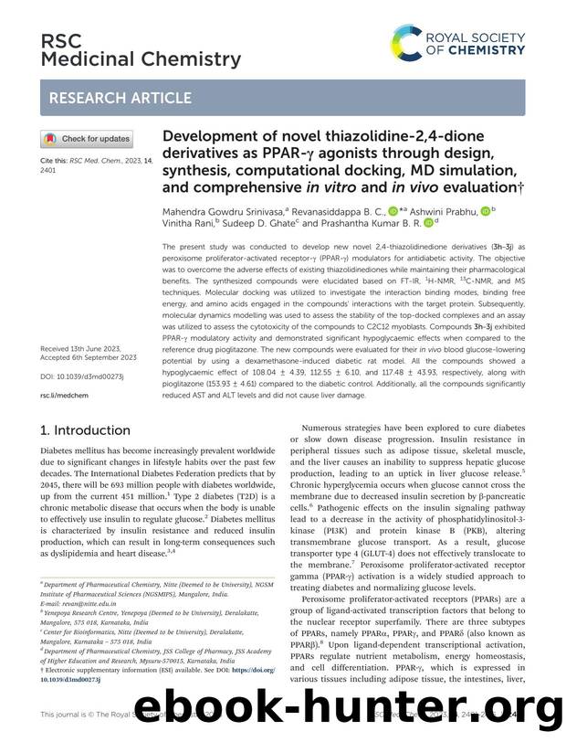Development of novel thiazolidine-2,4-dione derivatives as PPAR-Î³ agonists through design, synthesis, computational docking, MD simulation, and comprehensive in vitro and in vivo evaluation by unknow