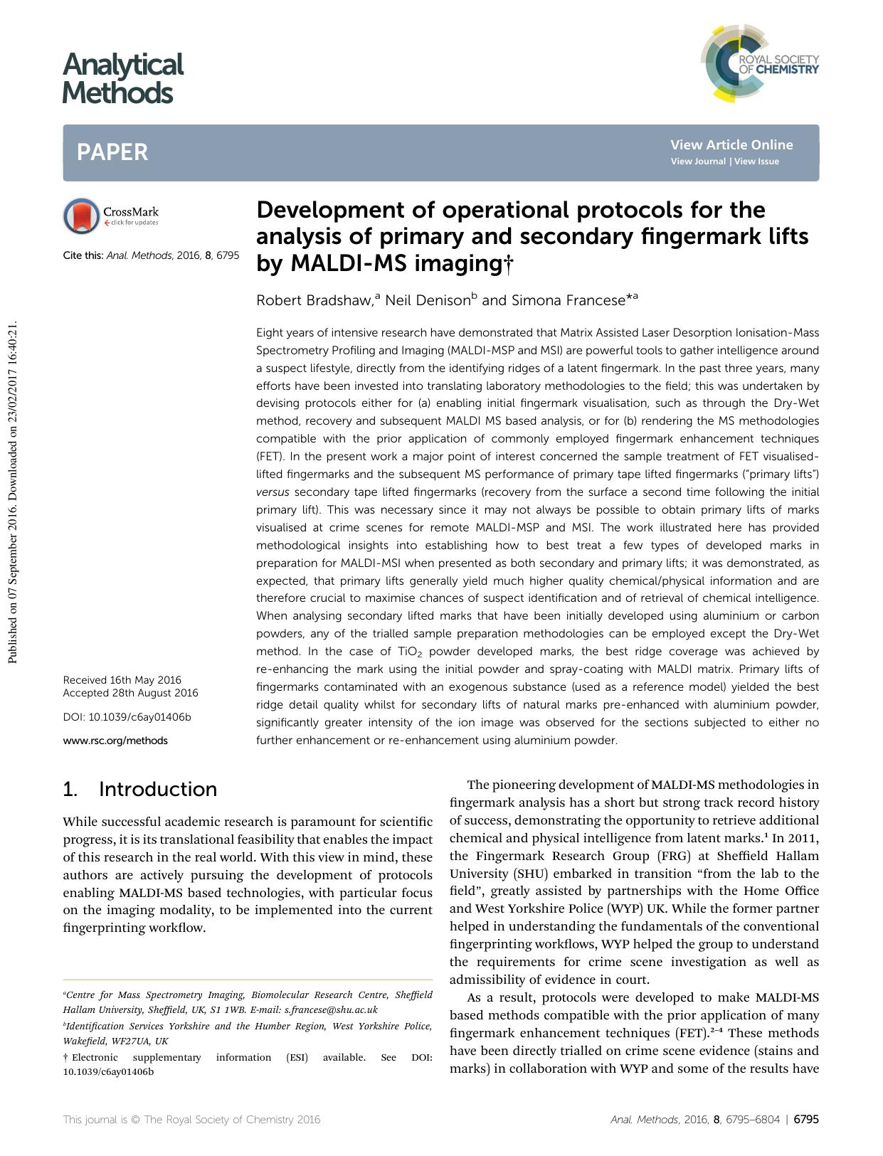 Development of operational protocols for the analysis of primary and secondary fingermark lifts by MALDI-MS imaging by Robert Bradshaw & Neil Denison & Simona Francese