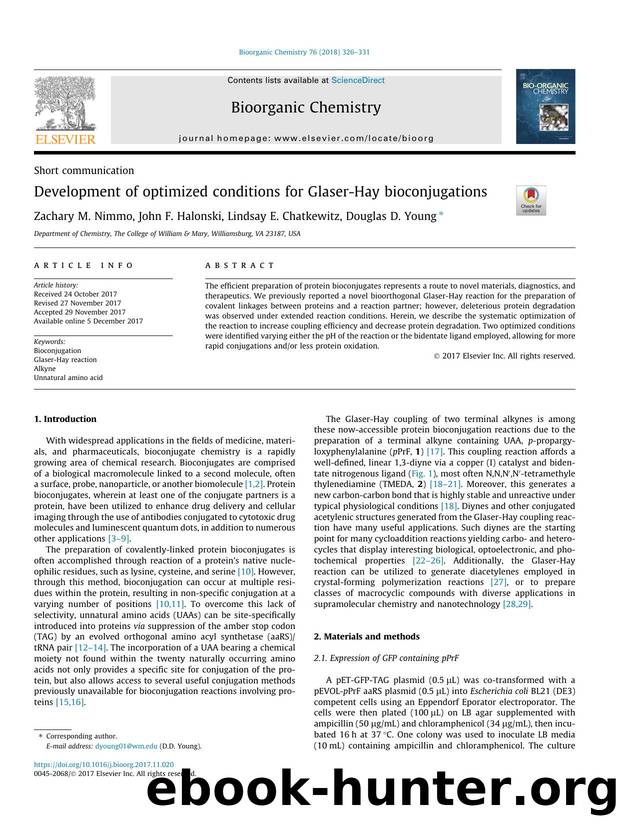 Development of optimized conditions for Glaser-Hay bioconjugations by Zachary M. Nimmo & John F. Halonski & Lindsay E. Chatkewitz & Douglas D. Young
