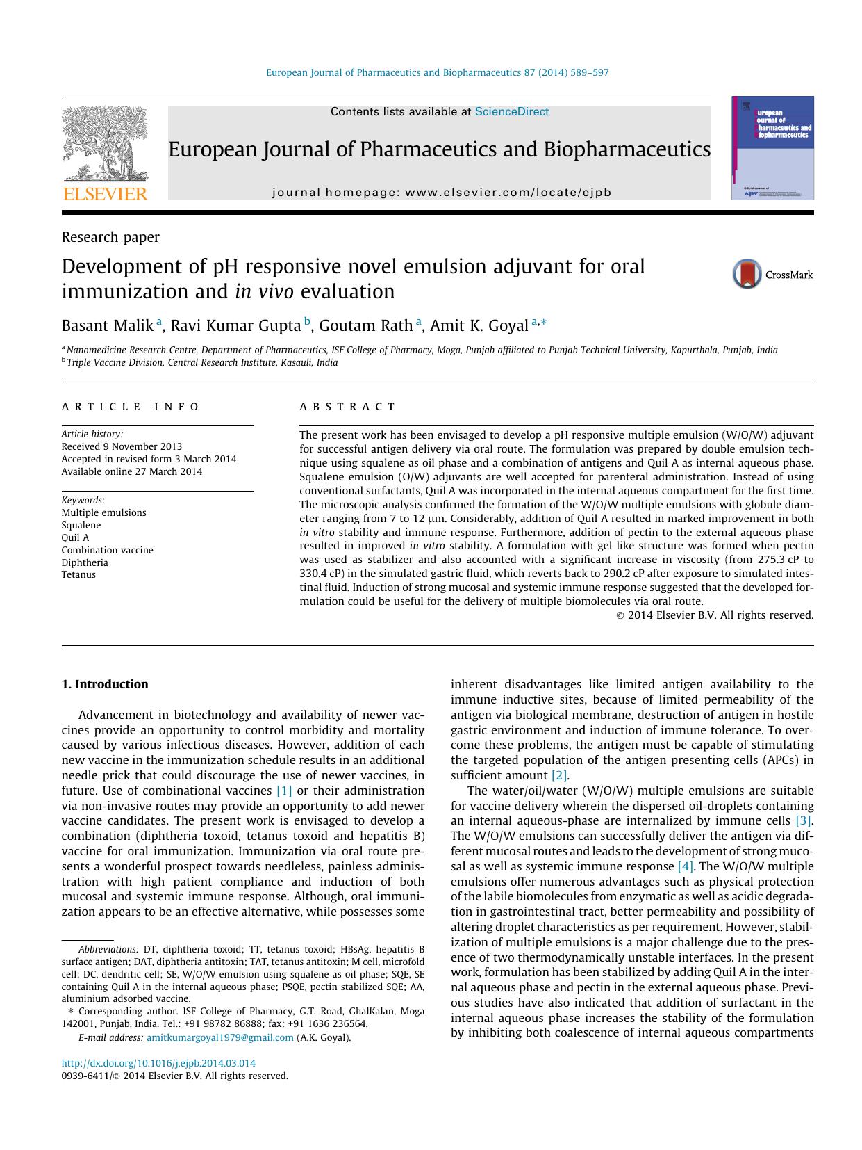 Development of pH responsive novel emulsion adjuvant for oral immunization and in vivo evaluation by Basant Malik & Ravi Kumar Gupta & Goutam Rath & Amit K. Goyal