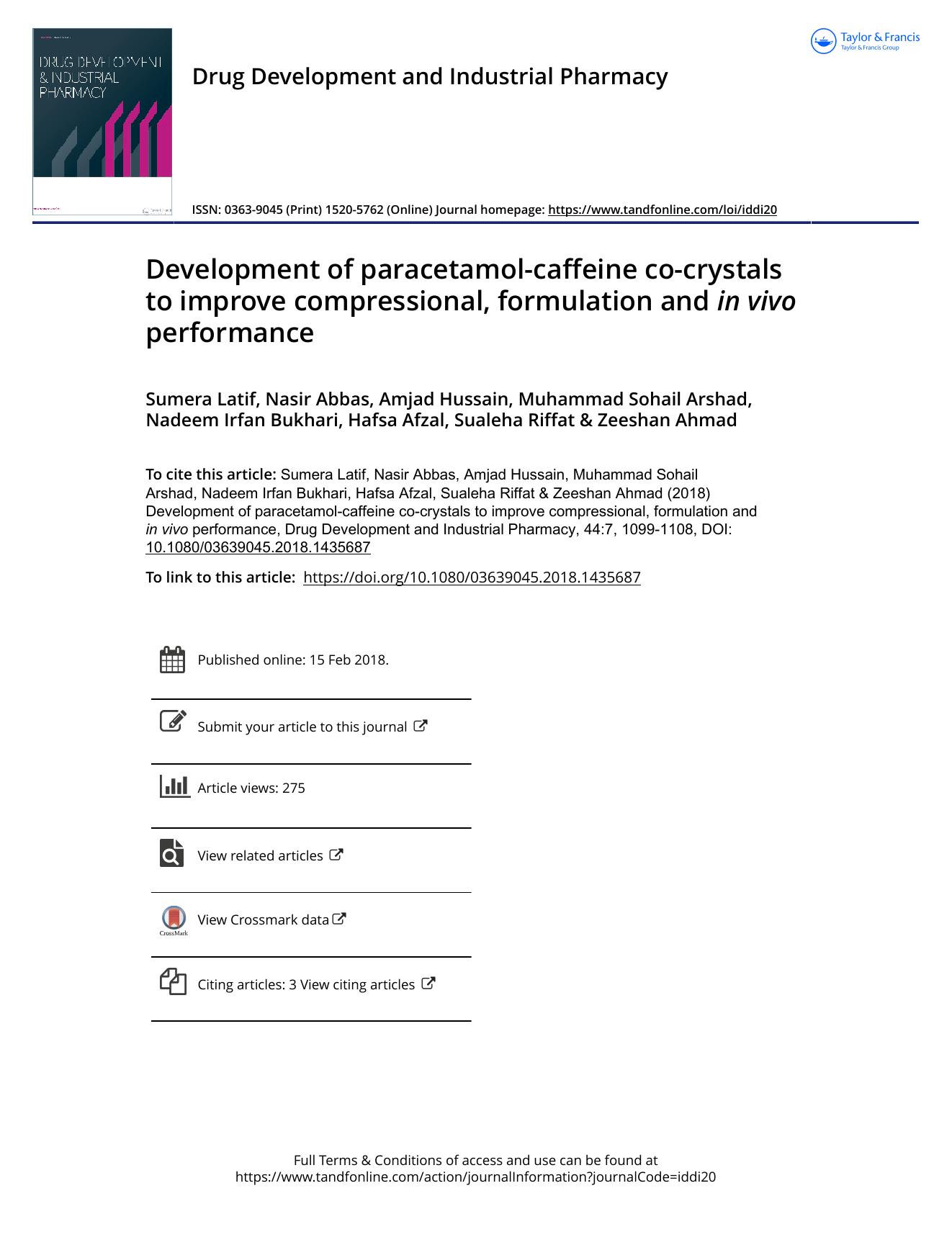 Development of paracetamol-caffeine co-crystals to improve compressional, formulation and in vivo performance by unknow