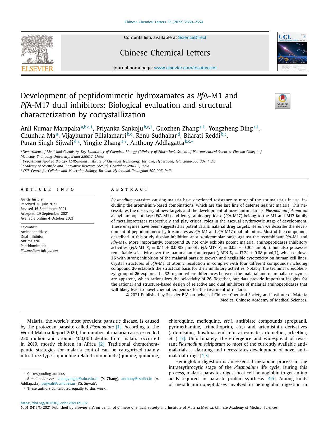 Development of peptidomimetic hydroxamates as PfA-M1 and PfA-M17 dual inhibitors: Biological evaluation and structural characterization by cocrystallization by unknow