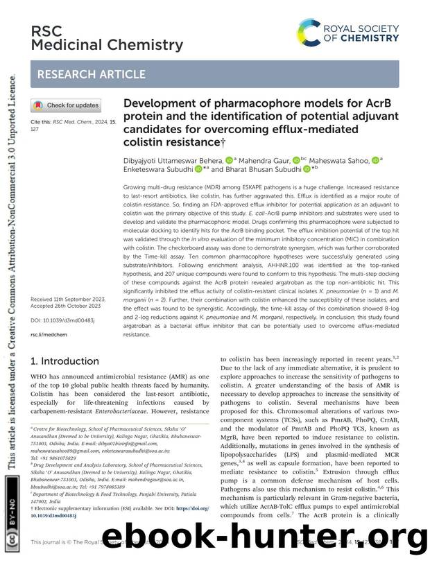 Development of pharmacophore models for AcrB protein and the identification of potential adjuvant candidates for overcoming efflux-mediated colistin resistance by unknow
