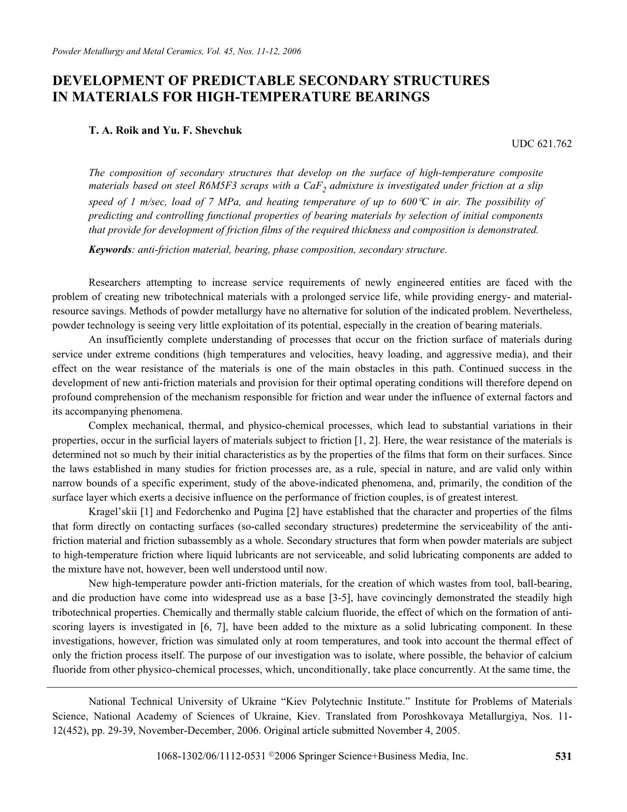 Development of predictable secondary structures in materials for high-temperature bearings by Unknown