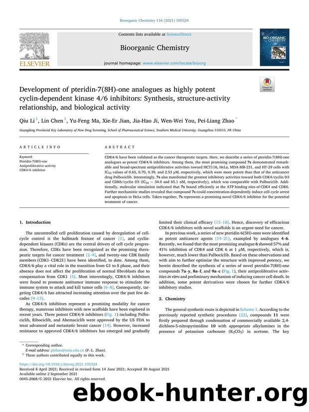 Development of pteridin-7(8H)-one analogues as highly potent cyclin-dependent kinase 46 inhibitors: Synthesis, structure-activity relationship, and biological activity by Qiu Li