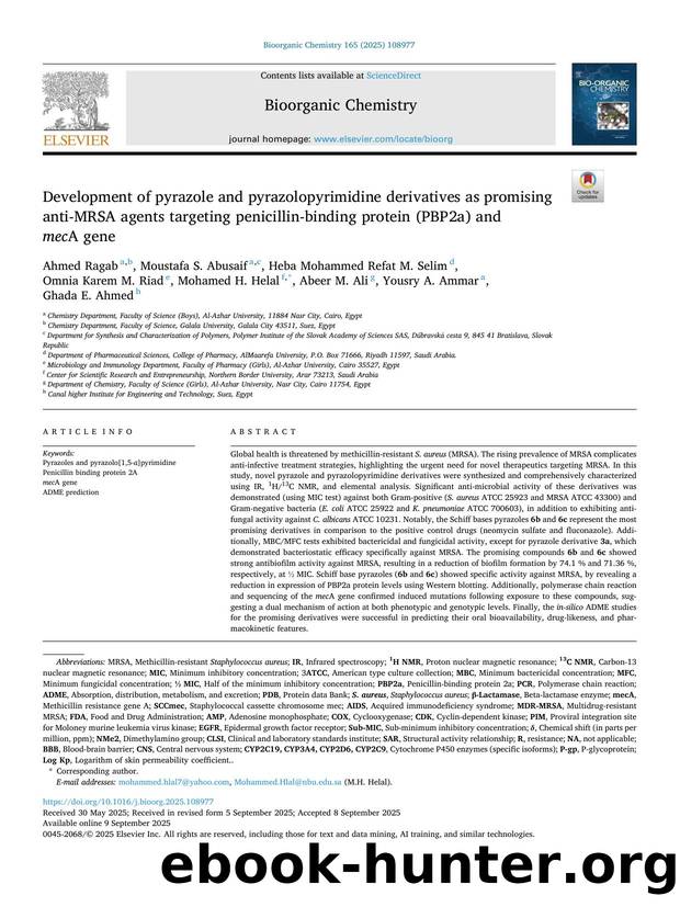 Development of pyrazole and pyrazolopyrimidine derivatives as promising anti-MRSA agents targeting penicillin-binding protein (PBP2a) and mec A gene by unknow