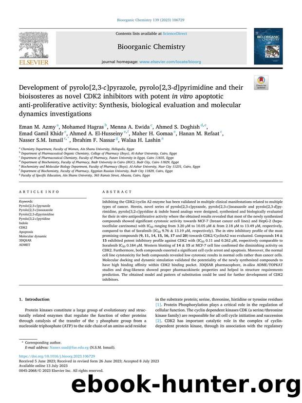 Development of pyrolo[2,3- c ]pyrazole, pyrolo[2,3- d ]pyrimidine and their bioisosteres as novel CDK2 inhibitors with potent in vitro apoptotic anti-proliferative activity: Synthe by Eman M. Azmy