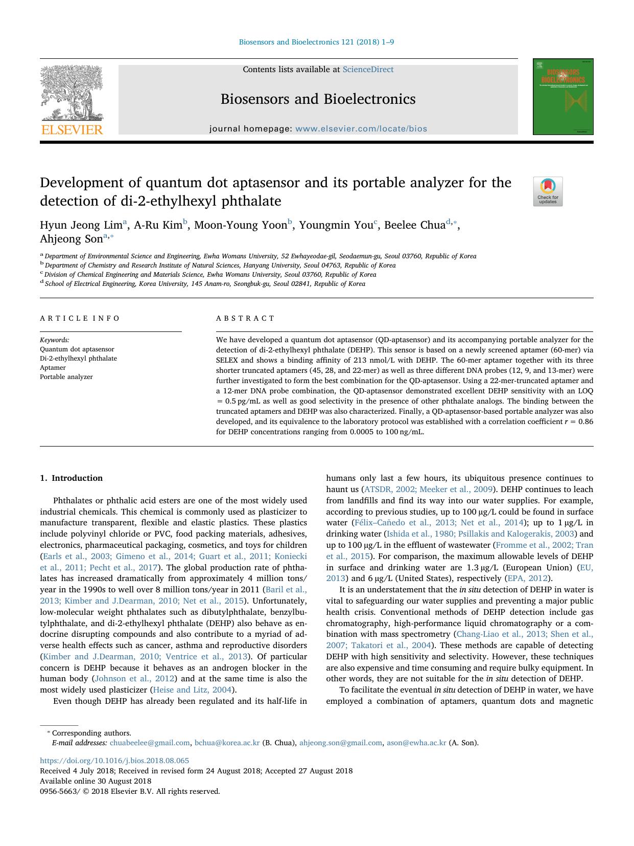 Development of quantum dot aptasensor and its portable analyzer for the detection of di-2-ethylhexyl phthalate by Hyun Jeong Lim & A-Ru Kim & Moon-Young Yoon & Youngmin You & Beelee Chua & Ahjeong Son