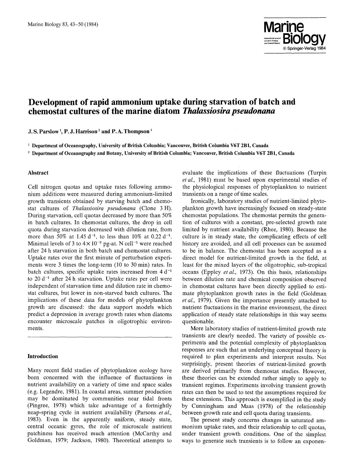 Development of rapid ammonium uptake during starvation of batch and chemostat cultures of the marine diatom <Emphasis Type="Italic">Thalassiosira pseudonana<Emphasis> by Unknown