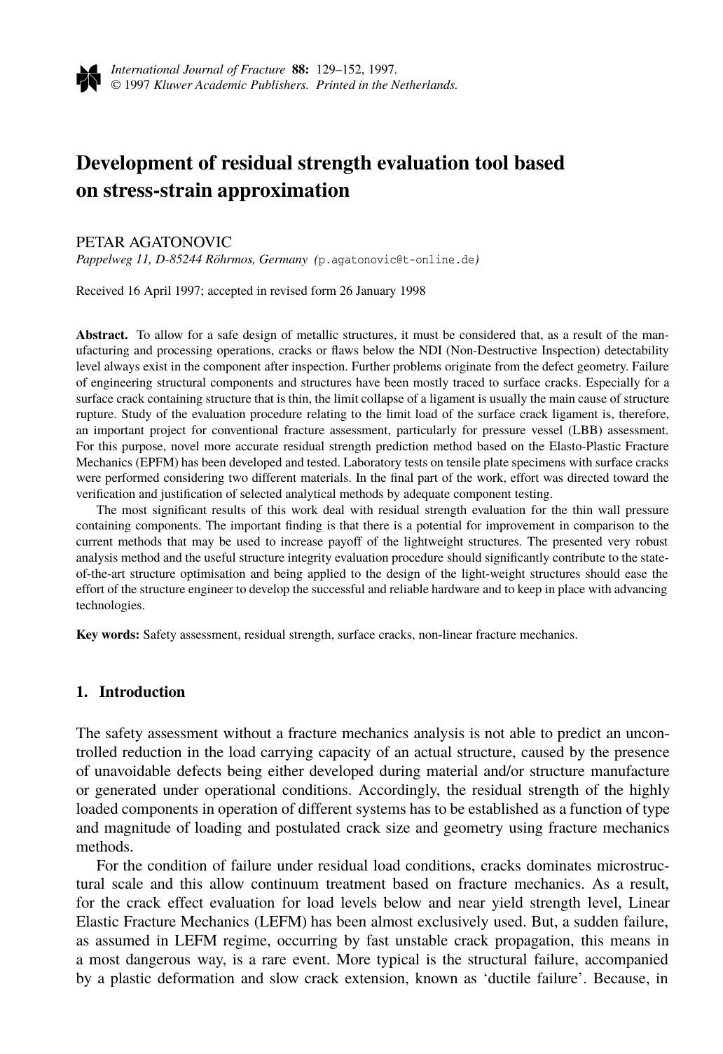 Development of residual strength evaluation tool based on stress-strain approximation by Unknown