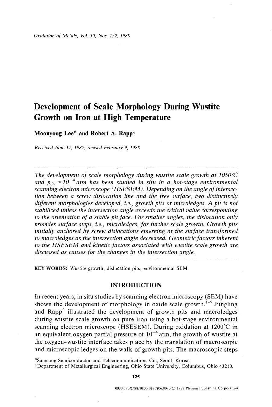 Development of scale morphology during wustite growth on iron at high temperature by Unknown