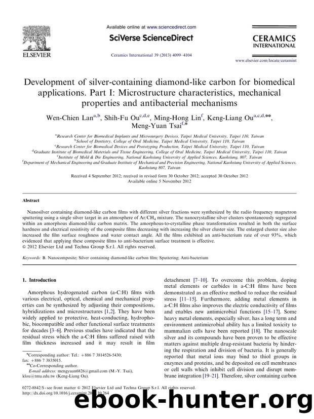 Development of silver-containing diamond-like carbon for biomedical applications. Part I Microstructure characteristics, mechanical properties and antibacterial mechanisms by Wen-Chien Lan & Shih-Fu Ou & Ming-Hong Lin & Keng-Liang Ou & Meng-Yuan Tsai