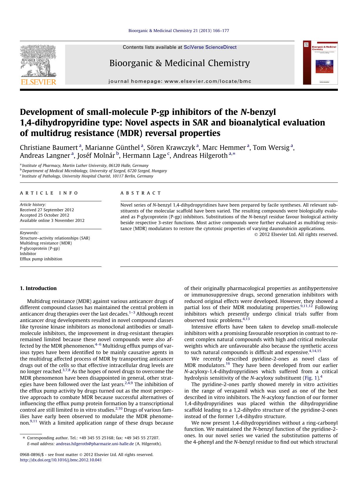 Development of small-molecule P-gp inhibitors of the N-benzyl 1,4-dihydropyridine type: Novel aspects in SAR and bioanalytical evaluation of multidrug resistance (MDR) reversal properties by unknow