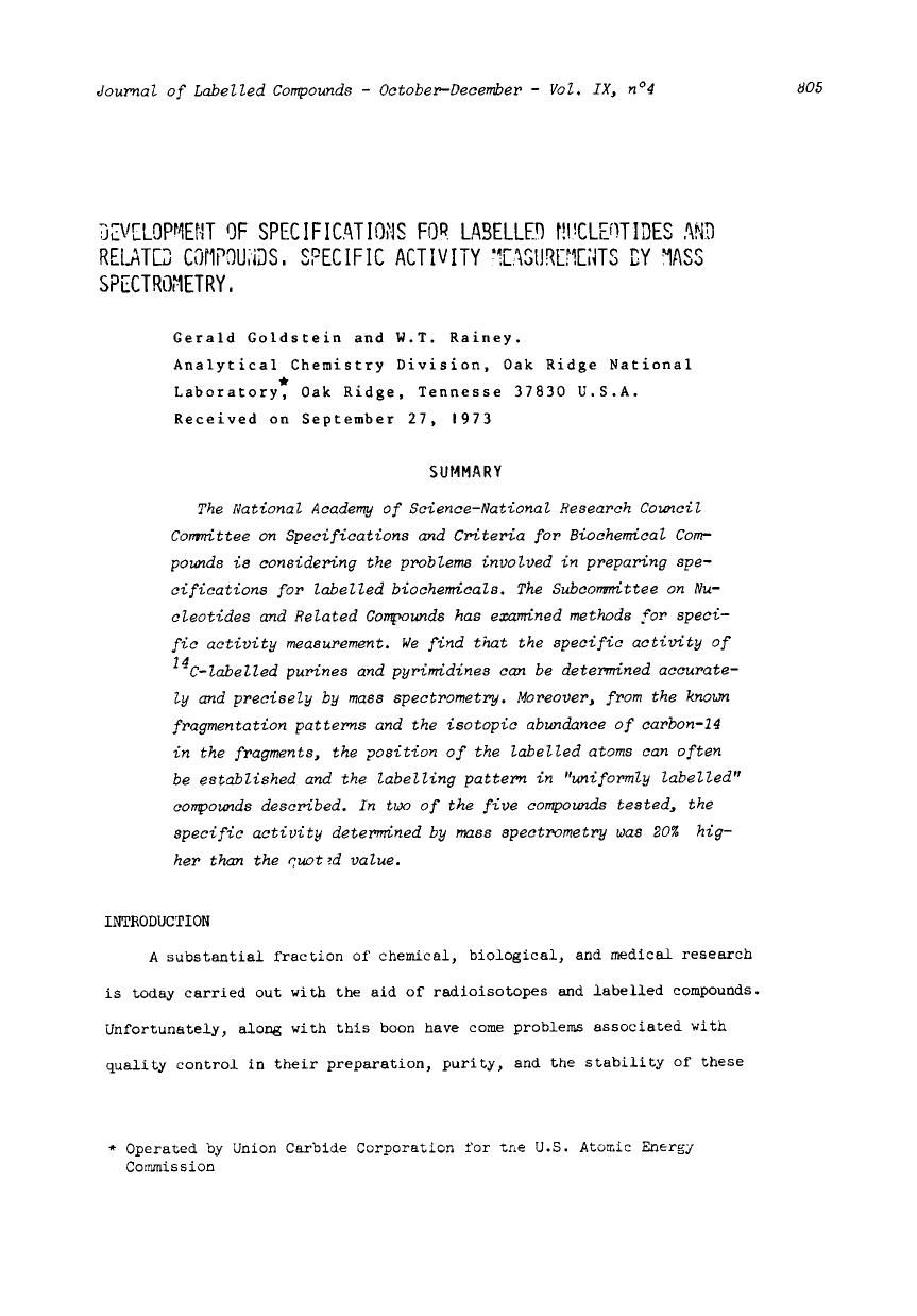 Development of specifications for labelled mucleotides and related compounds, specific activity measurements dy mass spectrometry by Unknown