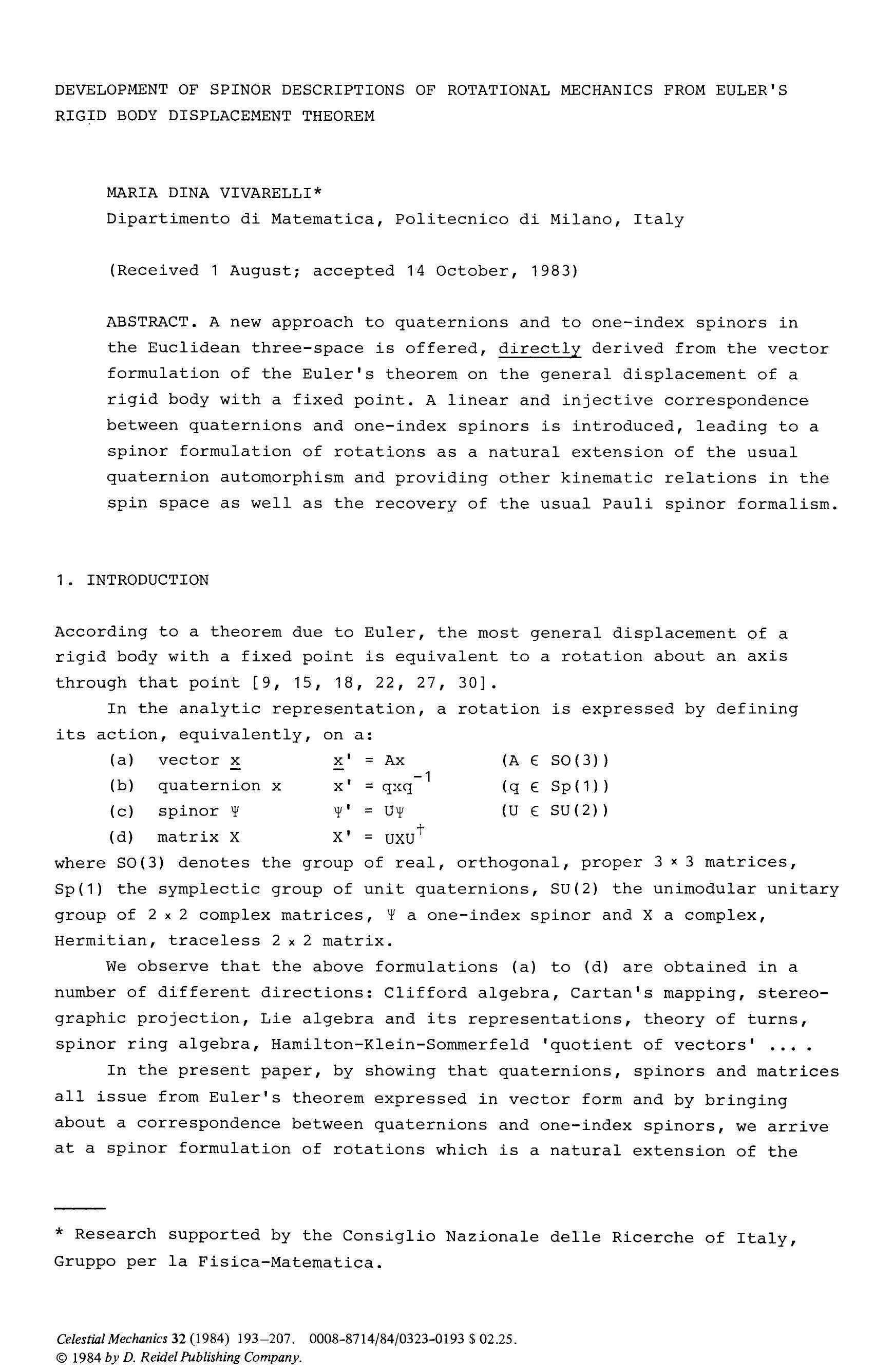 Development of spinor descriptions of rotational mechanics from Euler's rigid body displacement theorem by Unknown