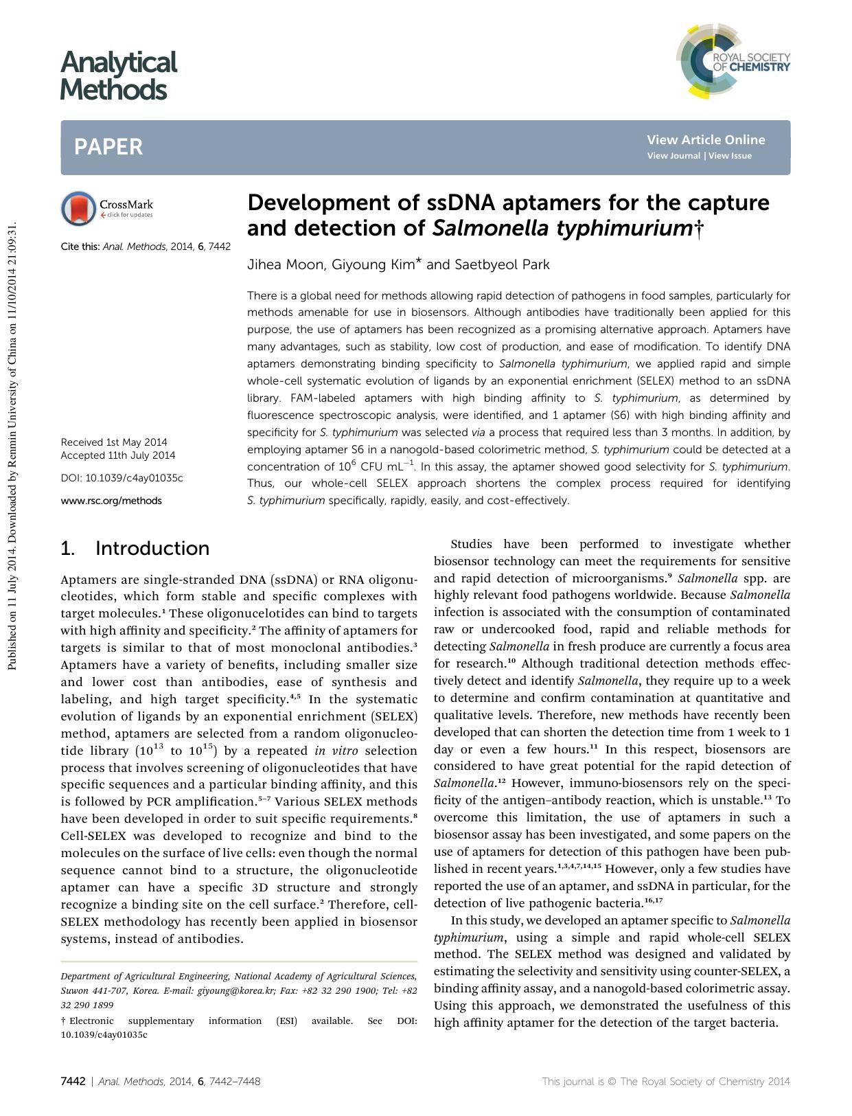 Development of ssDNA aptamers for the capture and detection of Salmonella typhimurium by Jihea Moon & Giyoung Kim & Saetbyeol Park