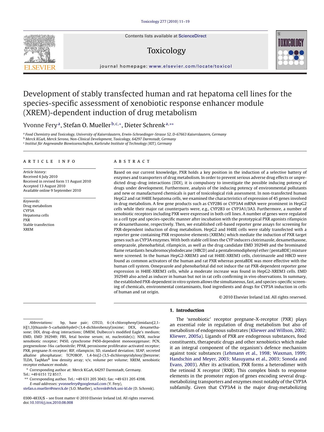 Development of stably transfected human and rat hepatoma cell lines for the species-specific assessment of xenobiotic response enhancer module (XREM)-dependent induction of drug metabolism by Yvonne Fery
