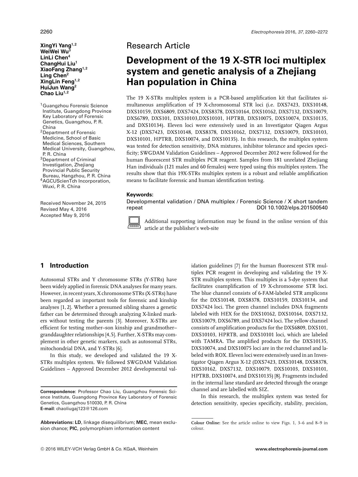 Development of the 19 X&#x02010;STR loci multiplex system and genetic analysis of a Zhejiang Han population in China by Unknown