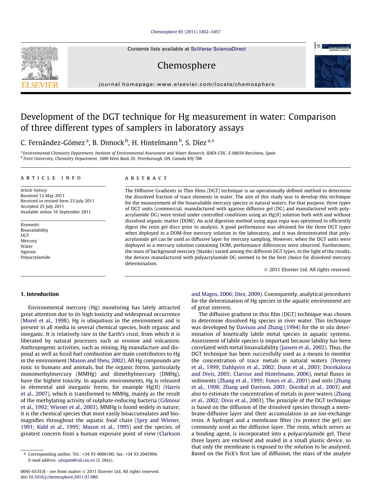 Development of the DGT technique for Hg measurement in water: Comparison of three different types of samplers in laboratory assays by C. FernÃ¡ndez-GÃ³mez & B. Dimock & H. Hintelmann & S. Díez