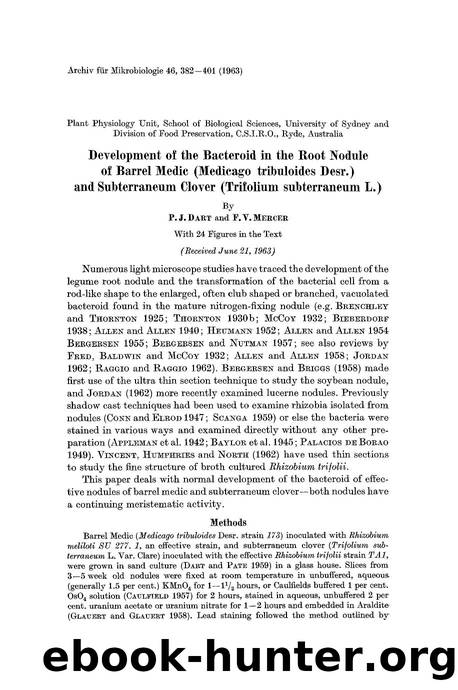 Development of the bacteroid in the root nodule of barrel medic (Medicago tribuloides Desr.) and subterraneum clover (Trifolium subterraneum L.) by Unknown