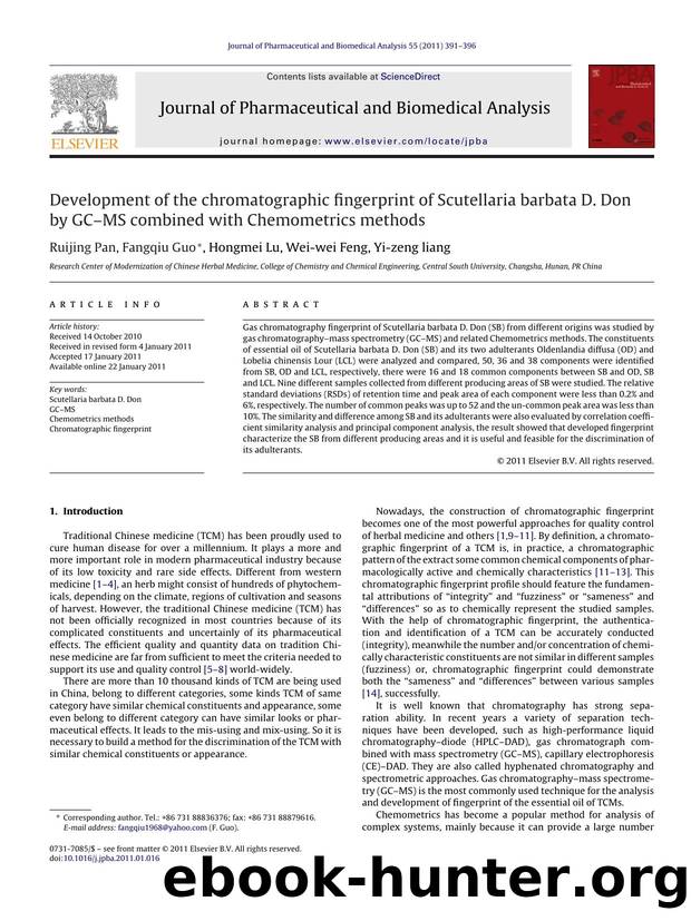 Development of the chromatographic Ã¯Â¬â¢ngerprint of Scutellaria barbata D. Don by GCÃ¢â¬âMS combined with Chemometrics methods by Ruijing Pan