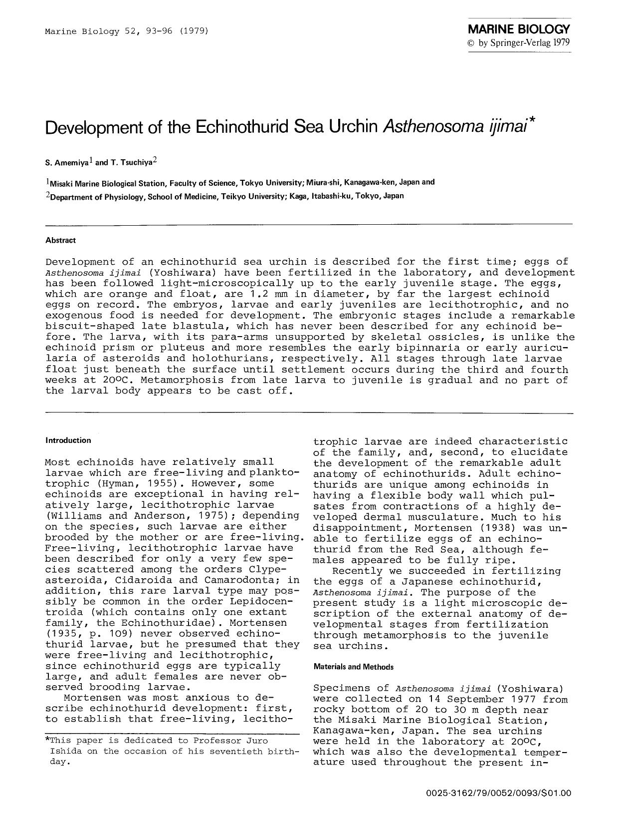 Development of the echinothurid sea urchin <Emphasis Type="Italic">Asthenosoma ijimai<Emphasis> by Unknown