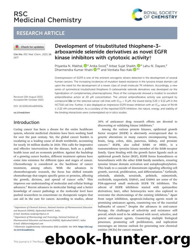 Development of trisubstituted thiophene-3-arboxamide selenide derivatives as novel EGFR kinase inhibitors with cytotoxic activity by unknow