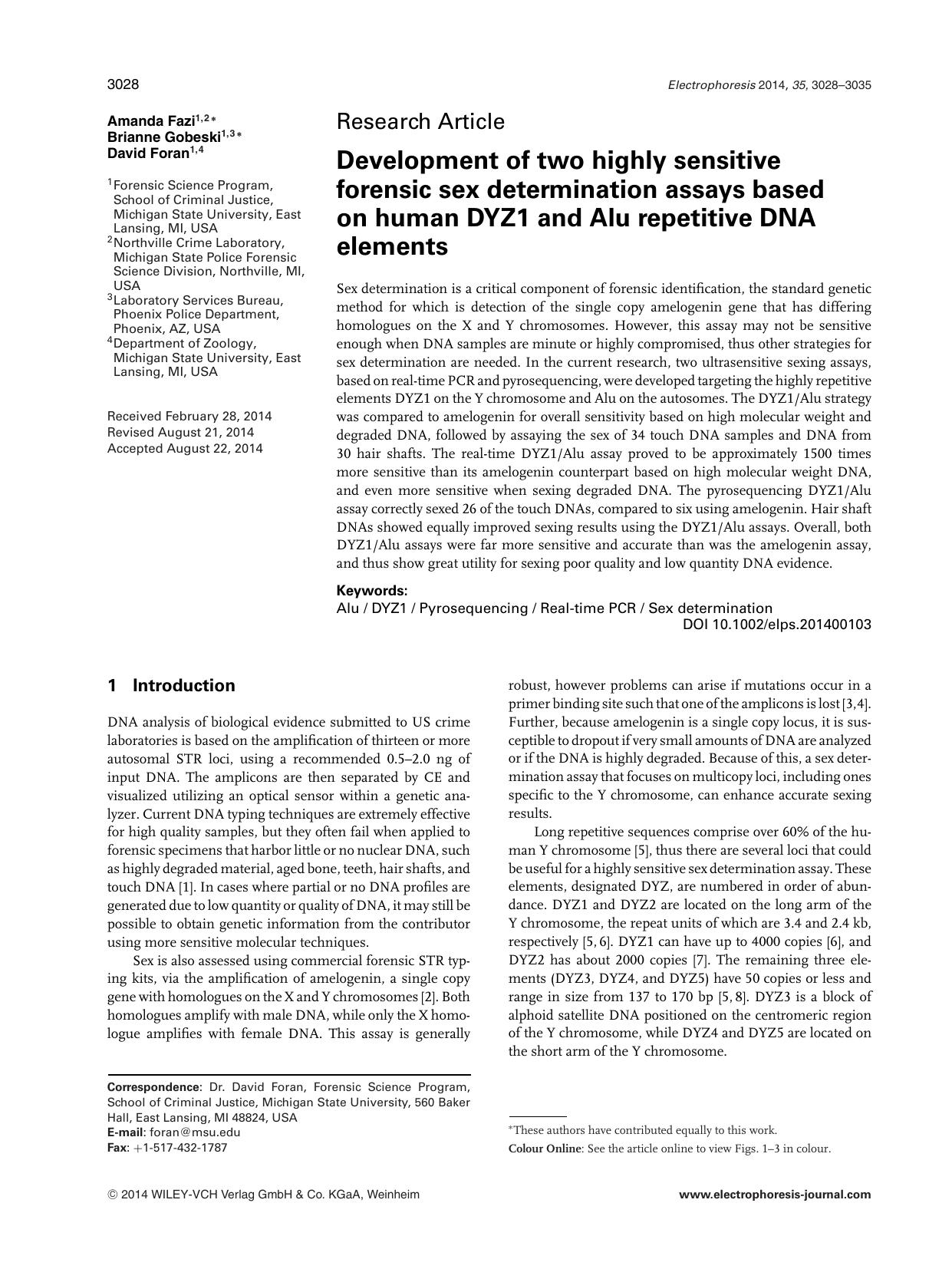 Development of two highly sensitive forensic sex determination assays based on human DYZ1 and Alu repetitive DNA elements by Unknown