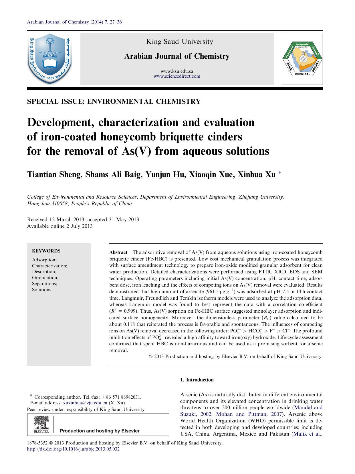 Development, characterization and evaluation of iron-coated honeycomb briquette cinders for the removal of As(V) from aqueous solutions by Tiantian Sheng & Shams Ali Baig & Yunjun Hu & Xiaoqin Xue & Xinhua Xu