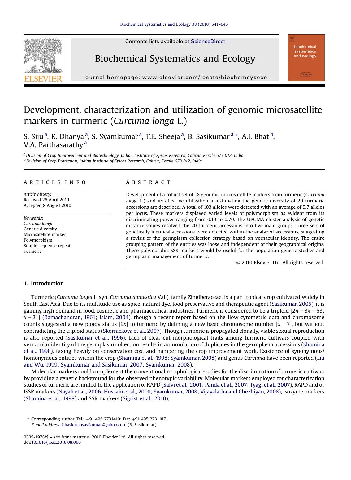 Development, characterization and utilization of genomic microsatellite markers in turmeric (Curcuma longa L.) by S. Siju & K. Dhanya & S. Syamkumar & T.E. Sheeja & B. Sasikumar & A.I. Bhat & V.A. Parthasarathy