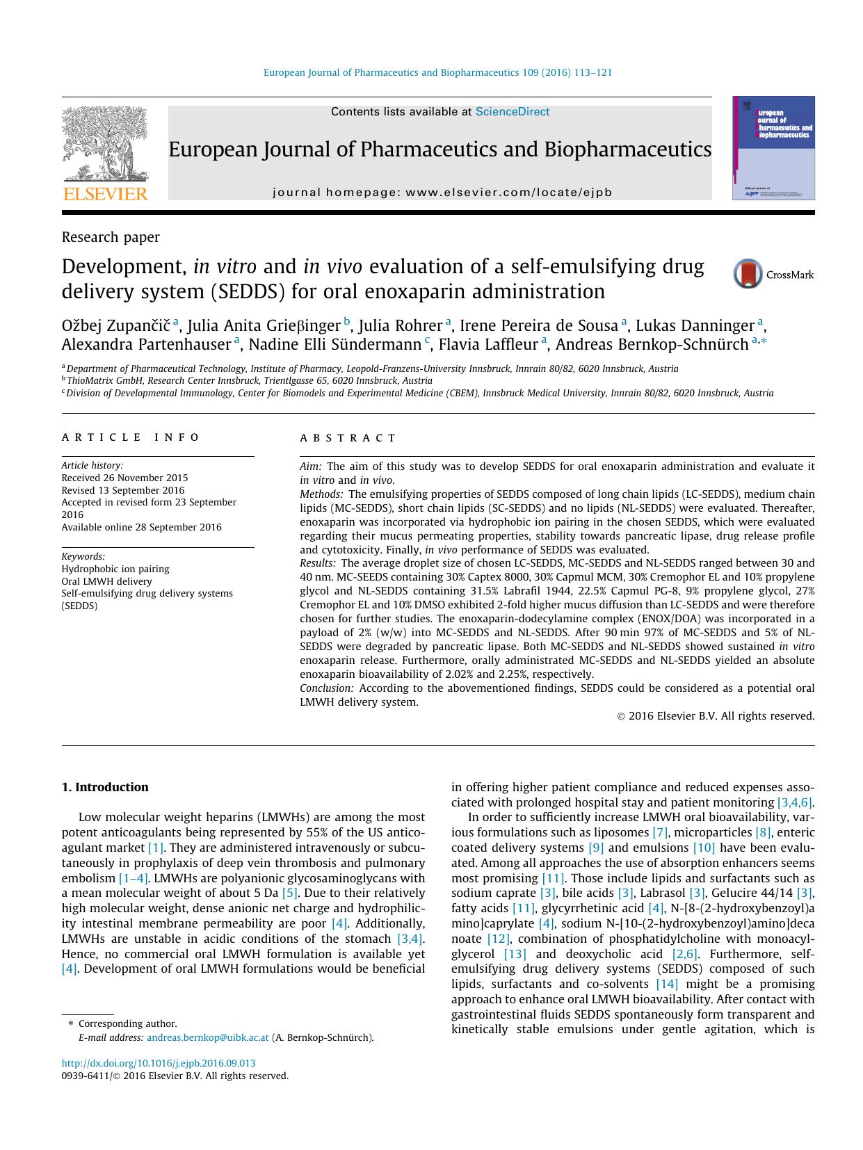 Development, in vitro and in vivo evaluation of a self-emulsifying drug delivery system (SEDDS) for oral enoxaparin administration by unknow